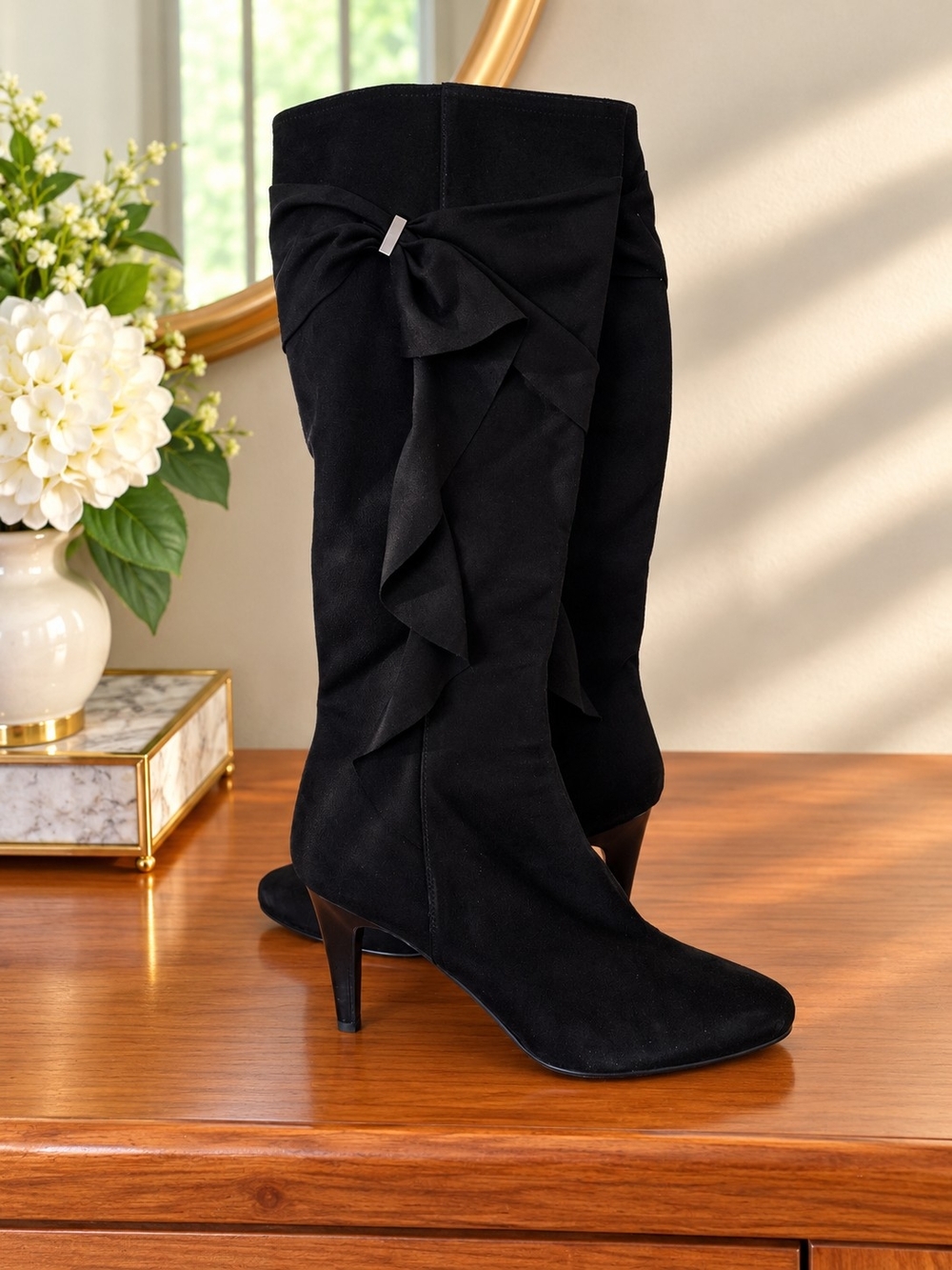 Impo Black Faux Suede Knee-High Heeled Boots – Size 10